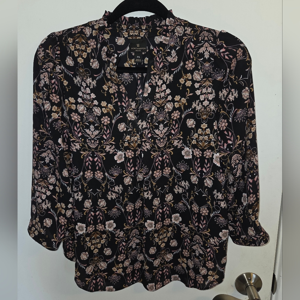 Worthington Black Floral 3/4 Sleeve Blouse with Mandarin Collar